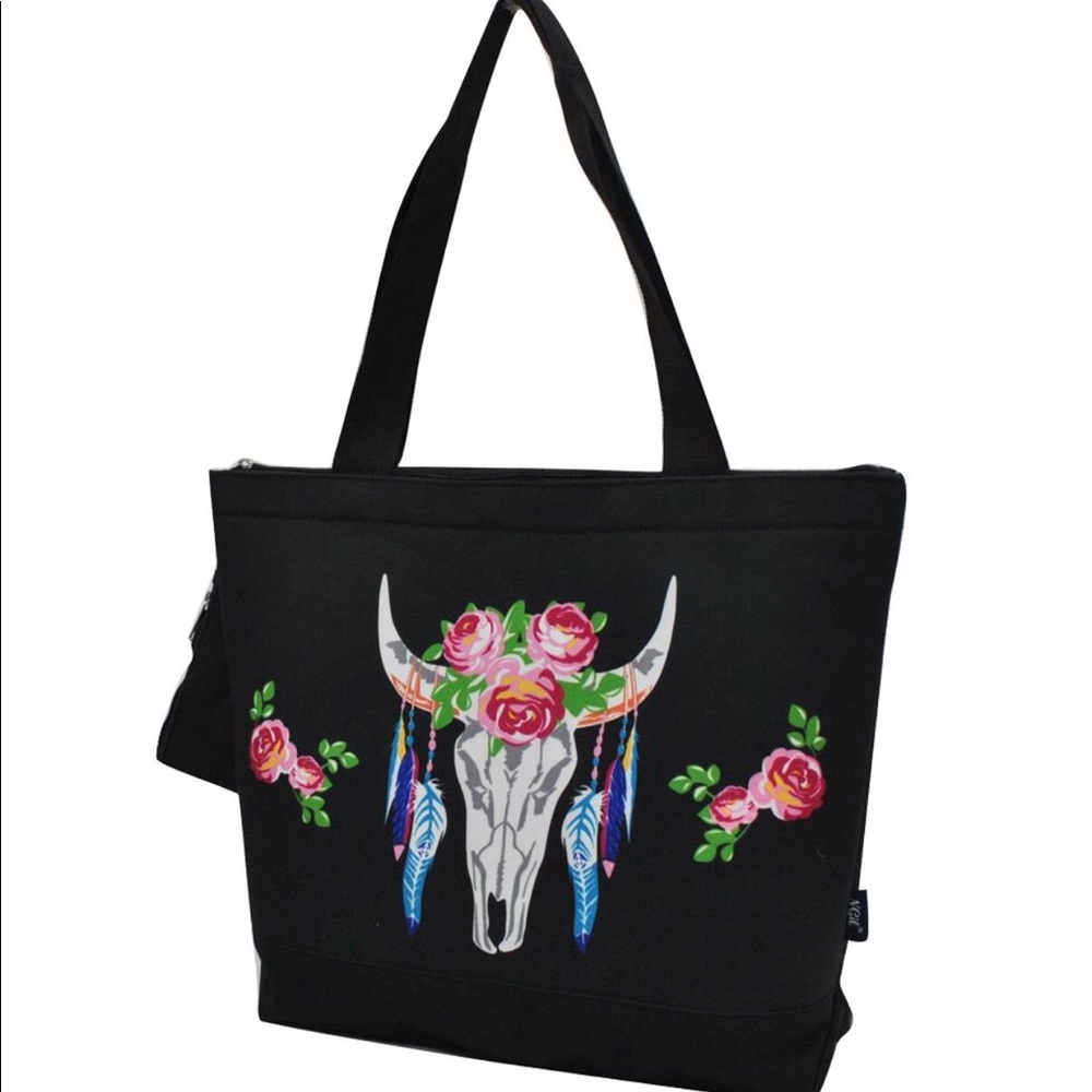 Black skull Canvas zip bag with coin purse - Picture 1 of 2